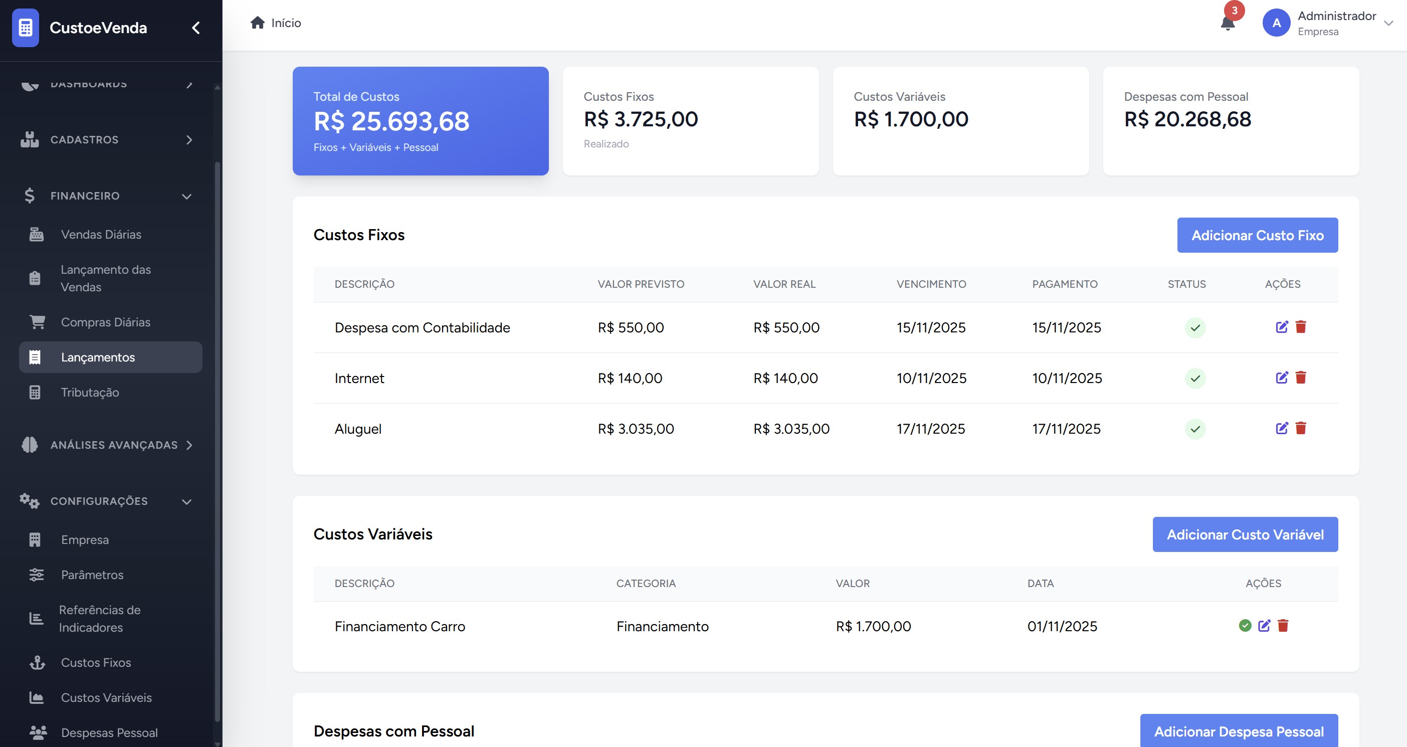 Lançamentos mensais de custos fixos, variáveis e pessoal